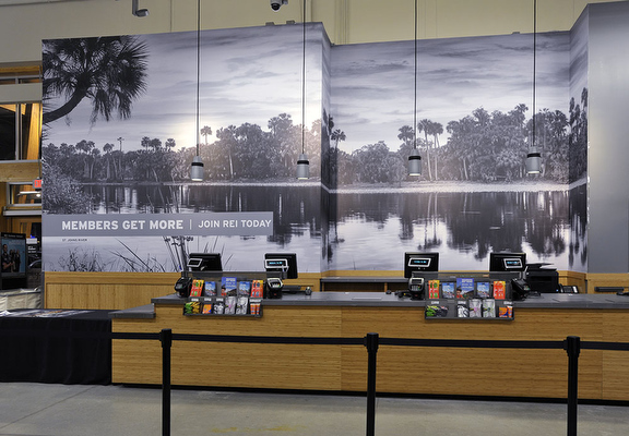 black and white mural at REI Jacksonville, in St. Johns Town Center