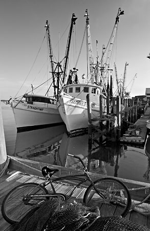 Shrimpboats and Bike, Fernandina  080705-A63-BW : Black and White : Will Dickey Florida Fine Art Nature and Wildlife Photography - Images of Florida's First Coast - Nature and Landscape Photographs of Jacksonville, St. Augustine, Florida nature preserves