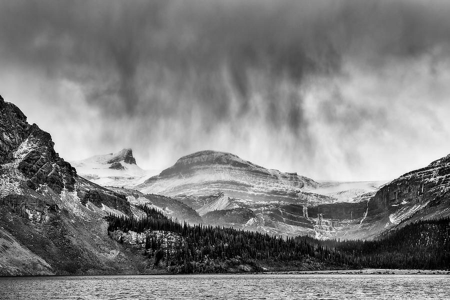 Bow Lake Canada Snowstorm 
100319-420BW : Black and White : Will Dickey Florida Fine Art Nature and Wildlife Photography - Images of Florida's First Coast - Nature and Landscape Photographs of Jacksonville, St. Augustine, Florida nature preserves